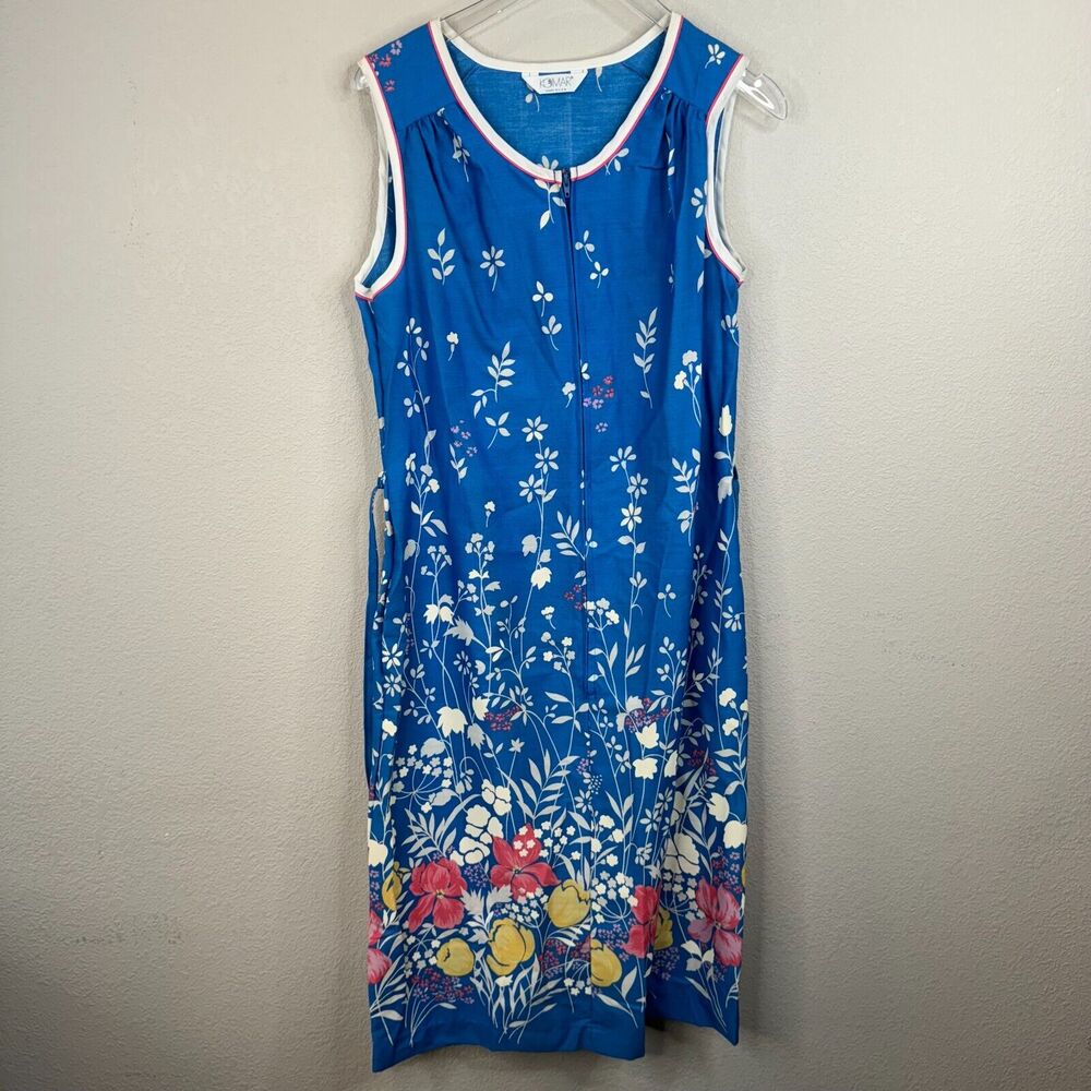 Komar Floral Print House Dress Sleeveless Blue Size Small Trad Wife 60s